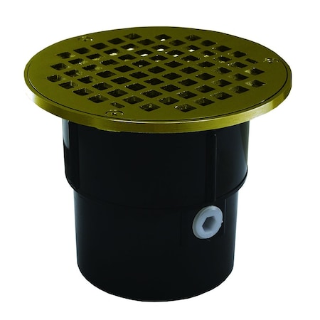Jones Stephens 3in. x 4in. ABS Pipe Fit Drain Base with 3-1/2in. Metal Spud and 6in. Polished Brass Strainer D53035